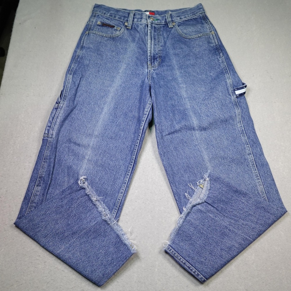 Vintage Tommy Hilfiger Jeans Mens 30x34 Baggy Carpenter Workwear Denim Raw Hem